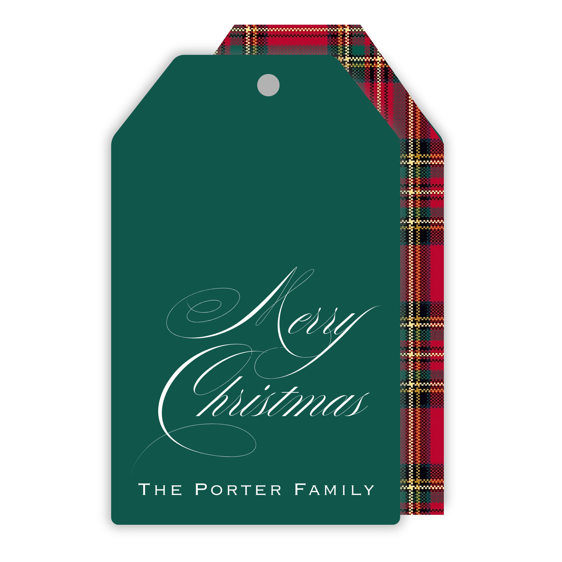 personalized christmas gift tag with tartan plaid back & merry christmas, ShooFly Paper Co. Auburn, Alabama