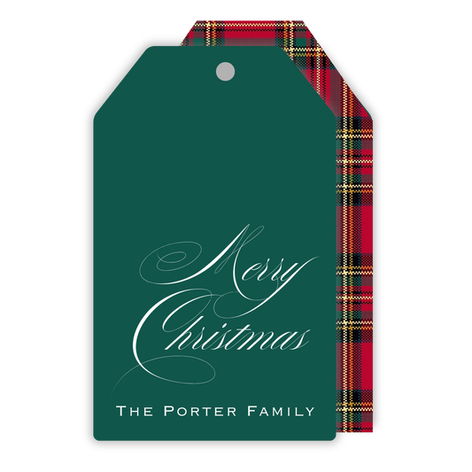personalized christmas gift tag with tartan plaid back & merry christmas, ShooFly Paper Co. Auburn, Alabama
