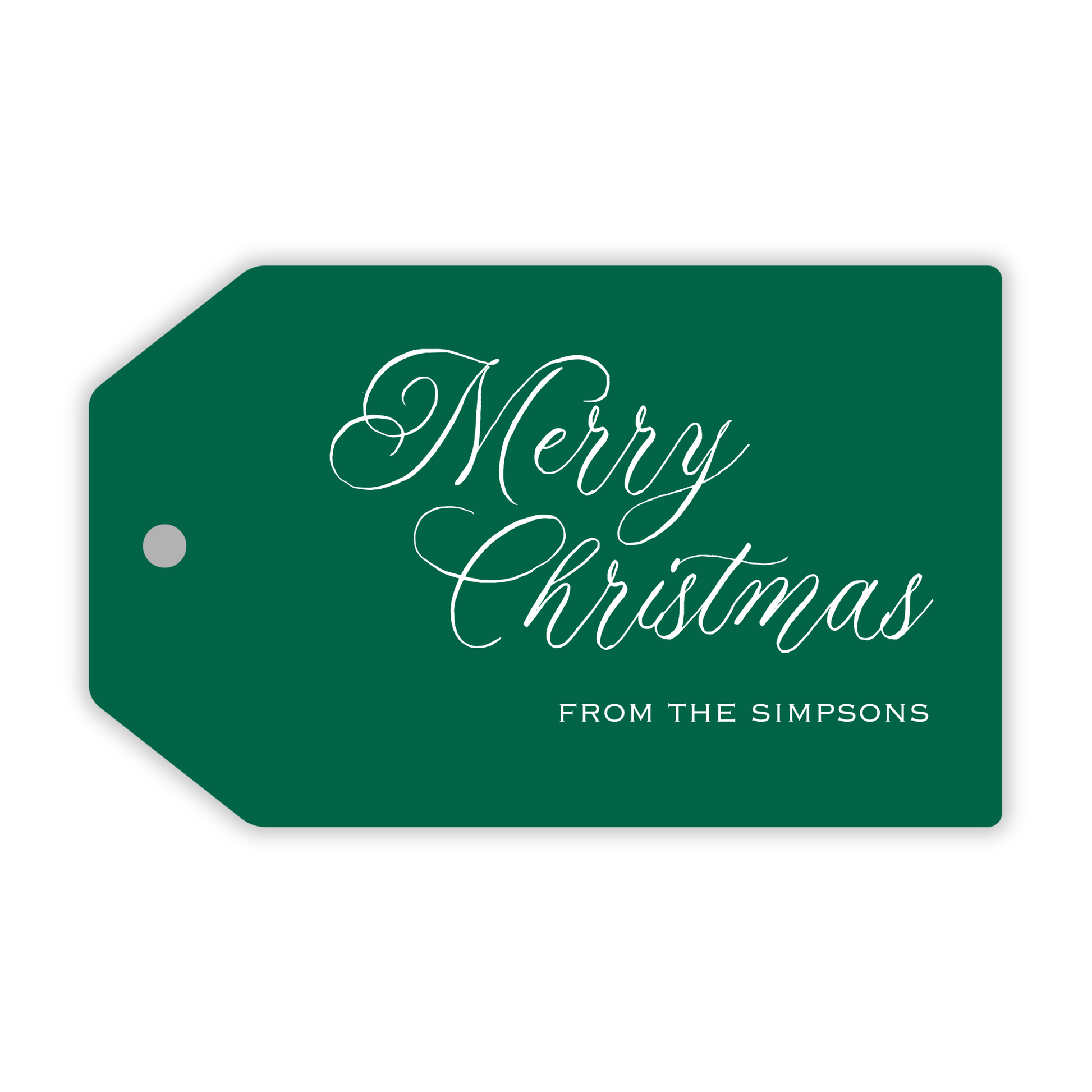 personalized green hanging gift tag with merry christmas, ShooFly Paper Co. Auburn, Alabama