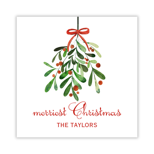 personalized square gift tag with hanging mistletoe, ShooFly Paper Co. Auburn, Alabama