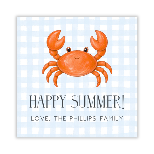 personalized gift tag with blue and white gingham background, a personified happy crab graphic, and a happy summer greeting, ShooFly Paper Co. Auburn, Alabama