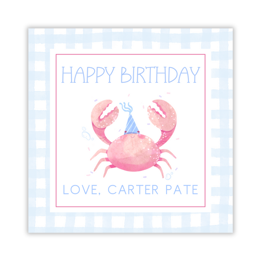 square gift tag with watercolor crab wearing a birthday hat, ShooFly Paper Co. Auburn, Alabama