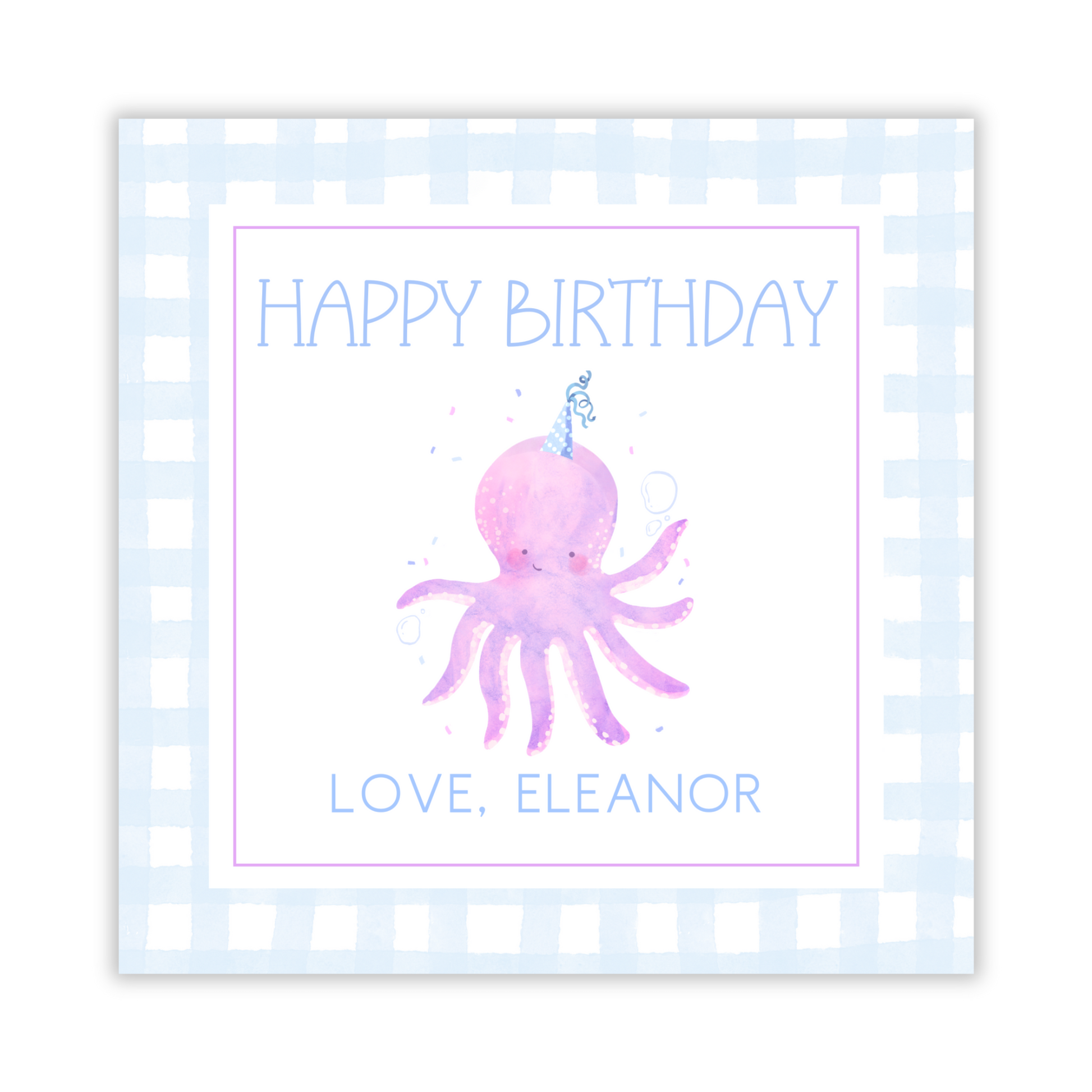 square gift tag with watercolor octopus wearing a birthday hat, ShooFly Paper Co. Auburn, Alabama