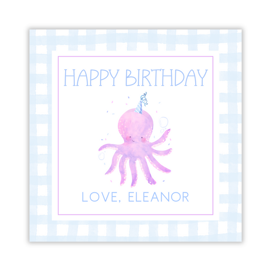 square gift tag with watercolor octopus wearing a birthday hat, ShooFly Paper Co. Auburn, Alabama