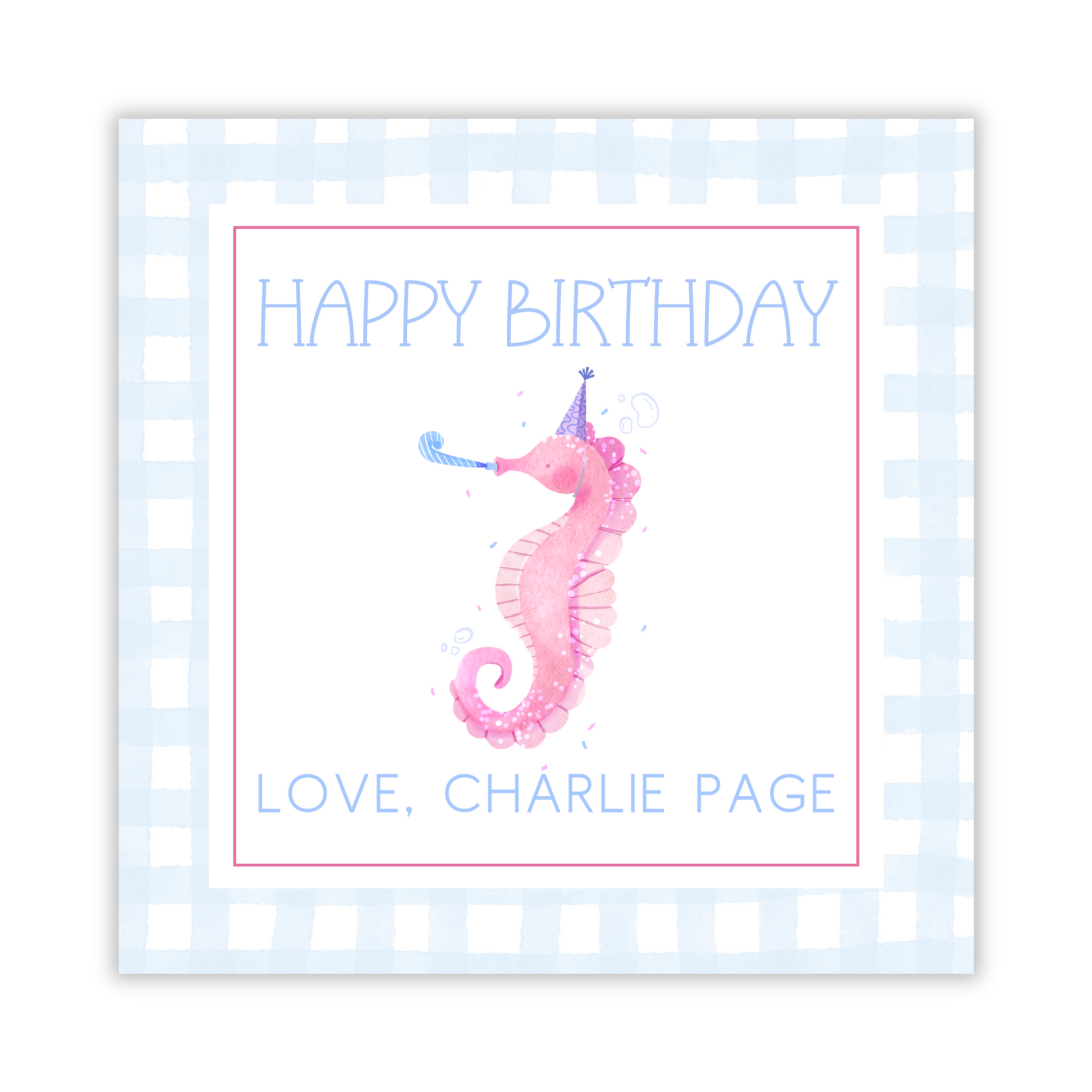 square gift tag with watercolor seahorse wearing a birthday hat, ShooFly Paper Co. Auburn, Alabama