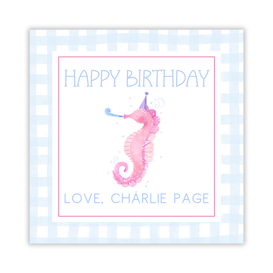 square gift tag with watercolor seahorse wearing a birthday hat, ShooFly Paper Co. Auburn, Alabama