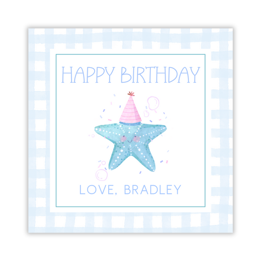 square gift tag with watercolor starfish wearing a birthday hat, ShooFly Paper Co. Auburn, Alabama