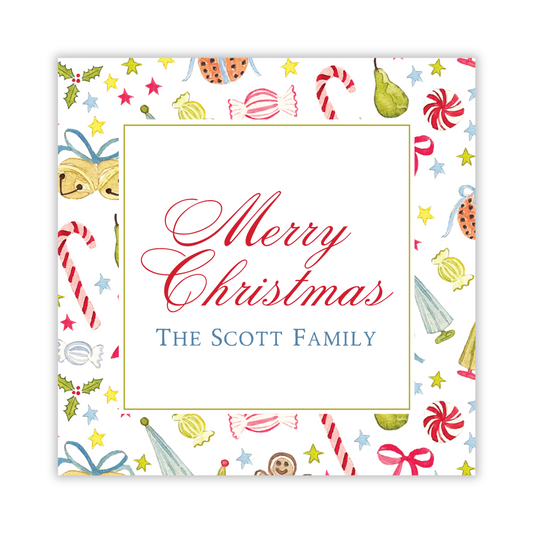 personalized christmas gift tag with watercolor christmas pattern, ShooFly Paper Co. Auburn, Alabama