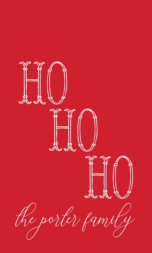 red Christmas gift tag with HO HO HO, ShooFly Paper Co. Auburn, Alabama