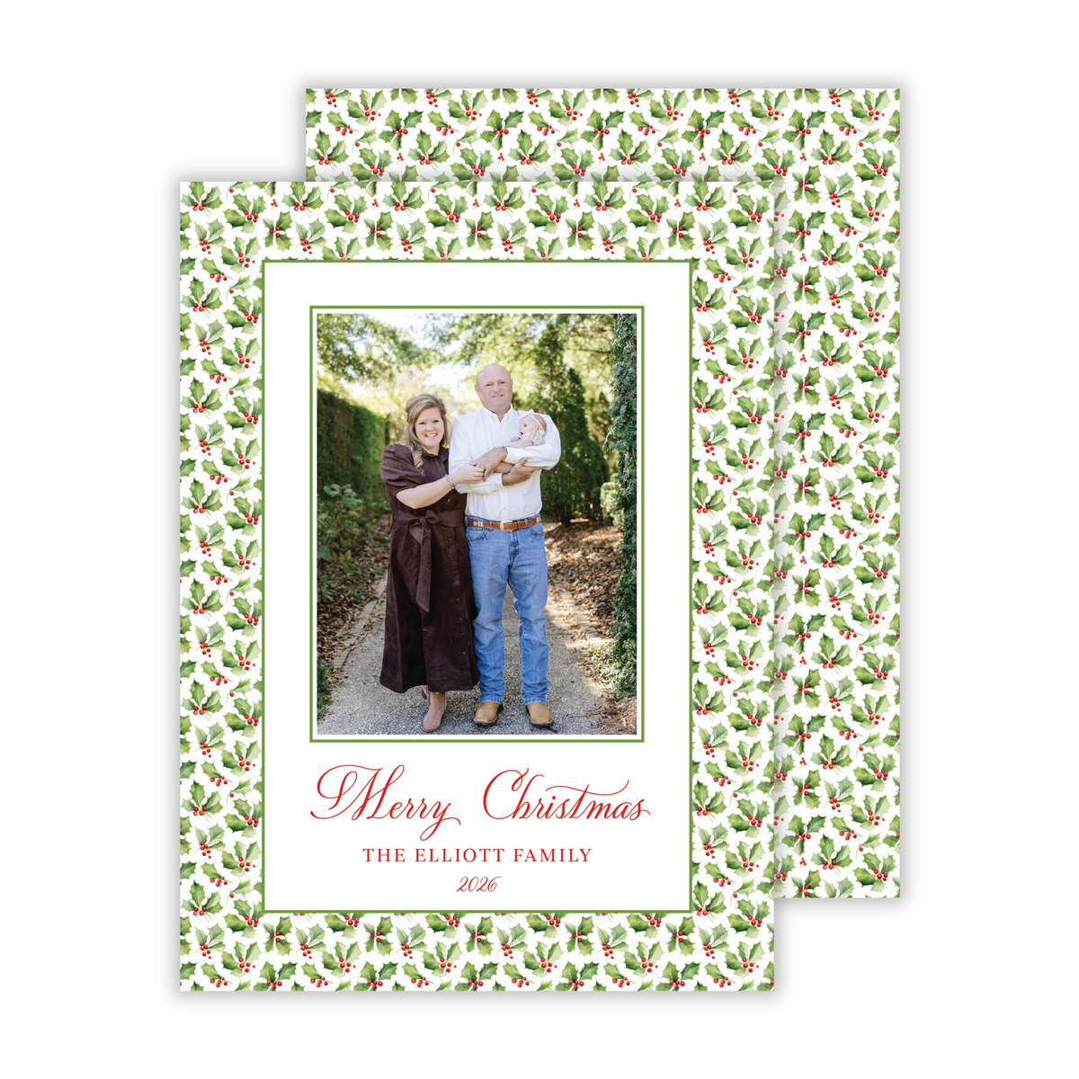 personalized photo Christmas card with watercolor holly leaves and berries, ShooFly Paper Co. Auburn, Alabama