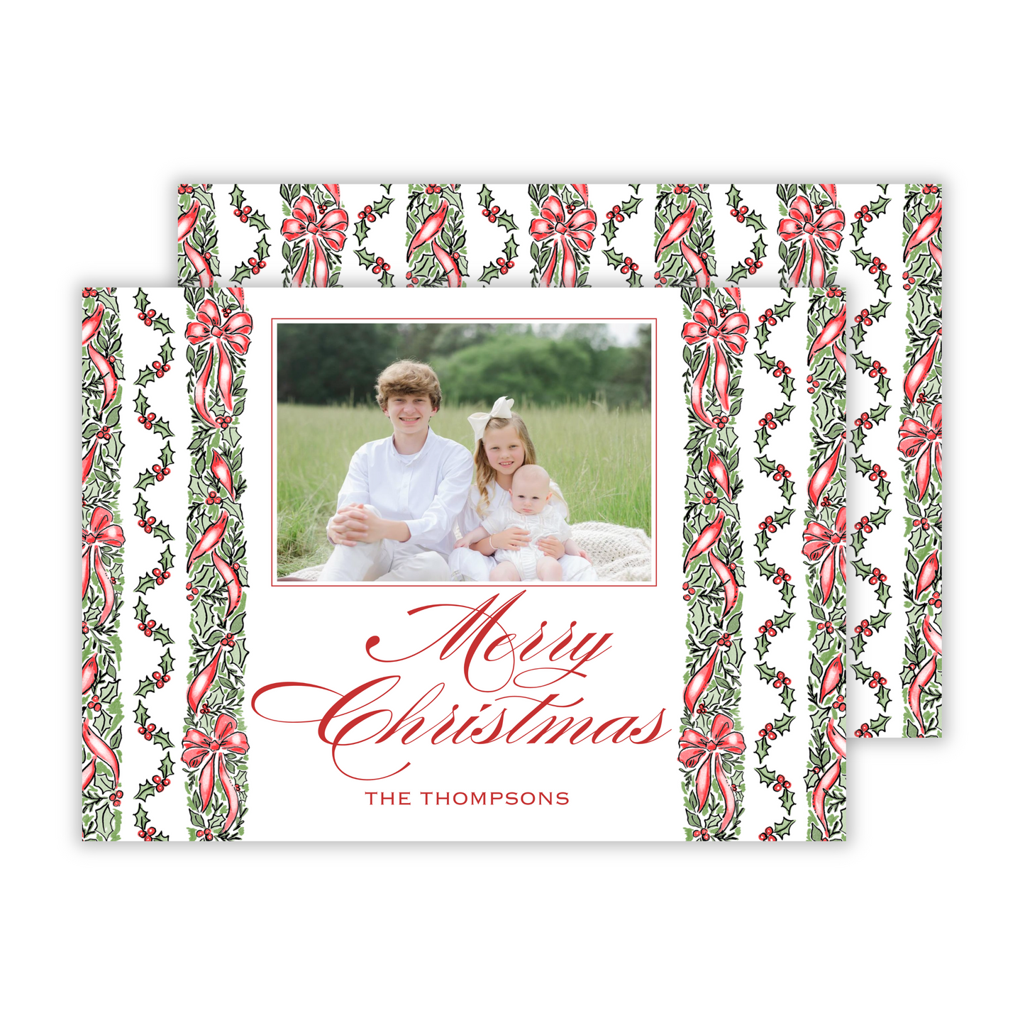 photo christmas card with red and green holly and bow stripe pattern, ShooFly Paper Co. Auburn, Alabama