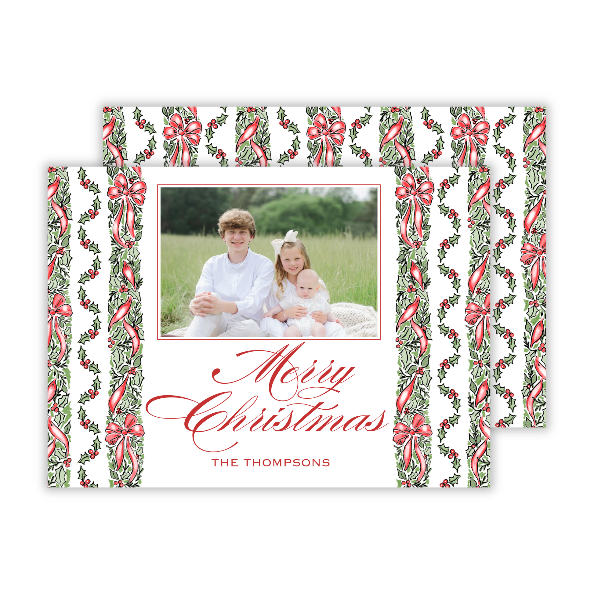 photo christmas card with red and green holly and bow stripe pattern, ShooFly Paper Co. Auburn, Alabama