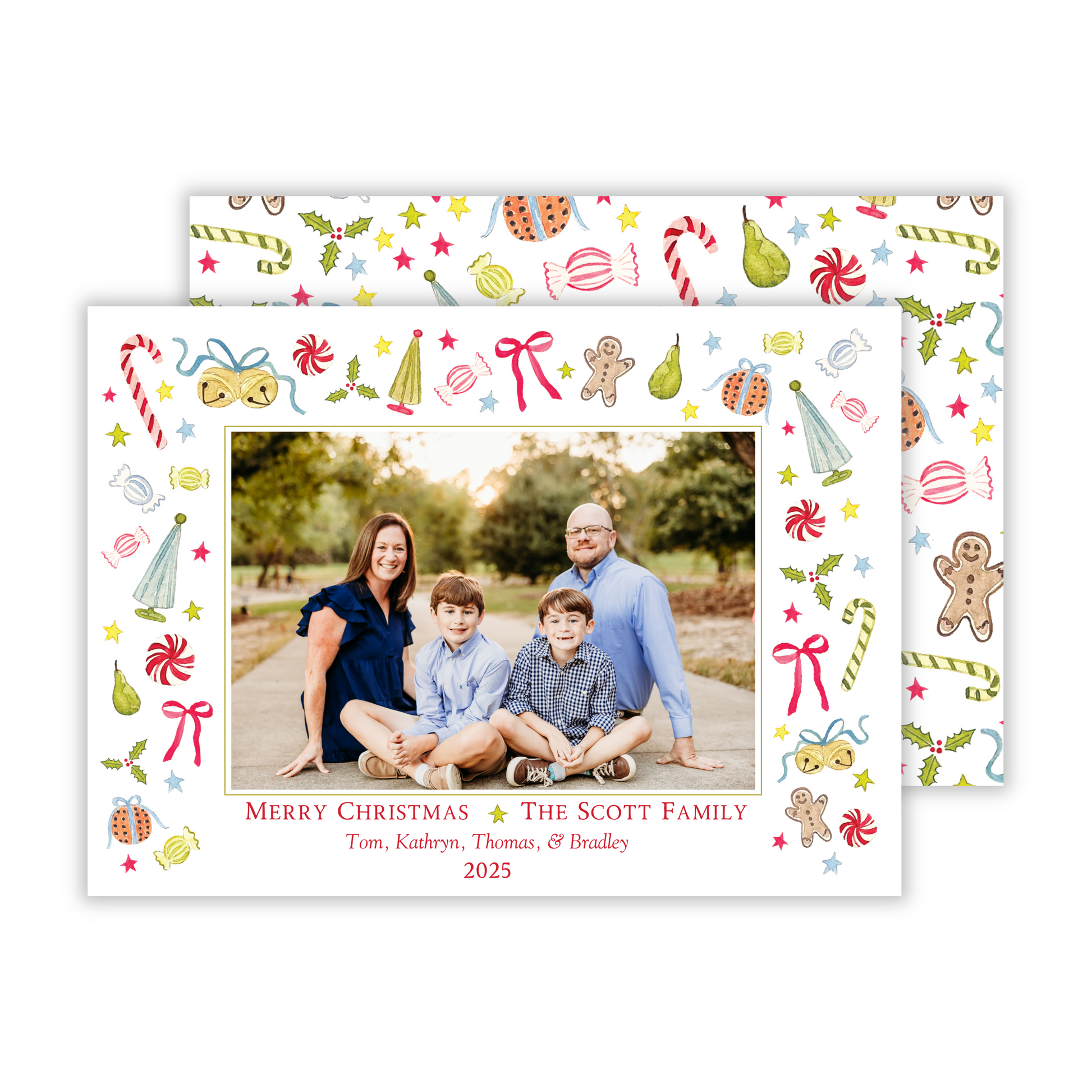 personalized christmas card with festive watercolor christmas theme, ShooFly Paper Co. Auburn, Alabama