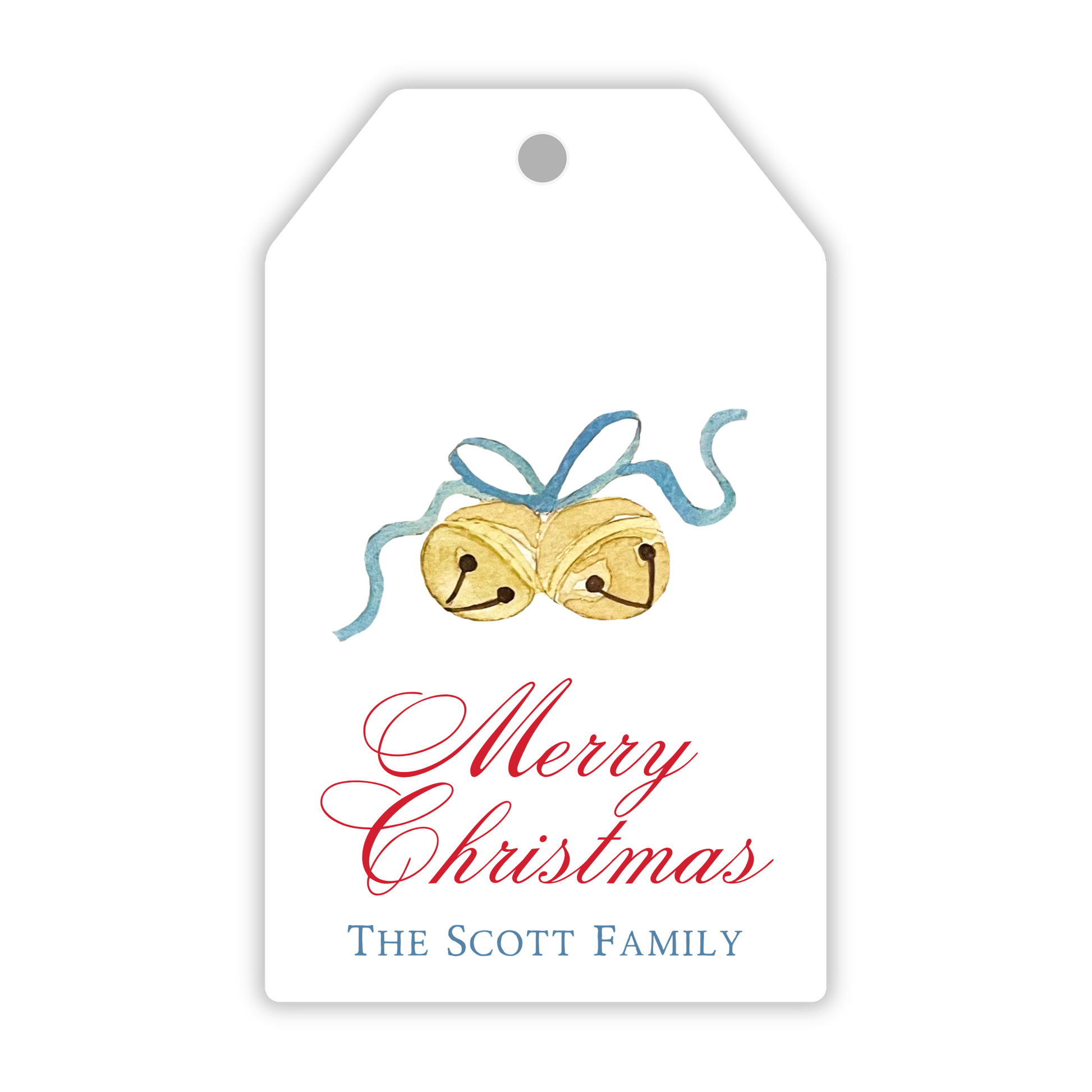 hanging christmas gift tag with watercolor jingle bells, ShooFly Paper Co. Auburn, Alabama