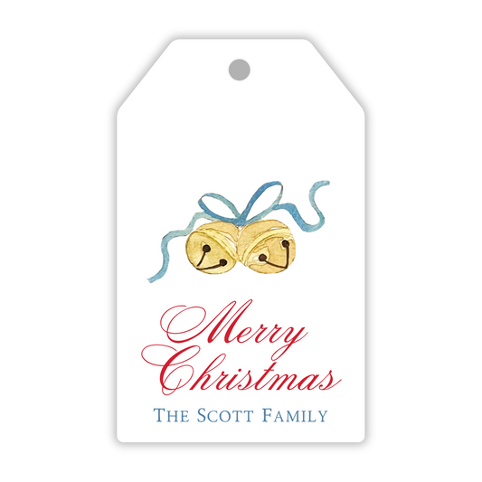 hanging christmas gift tag with watercolor jingle bells, ShooFly Paper Co. Auburn, Alabama