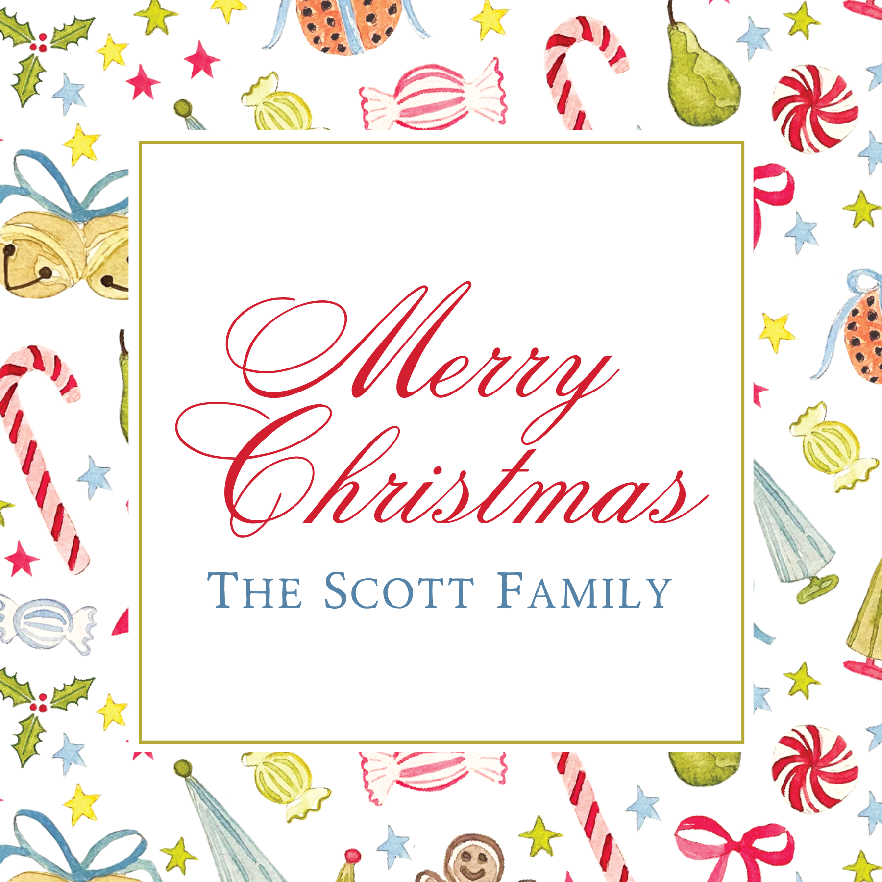 christmas gift tag with watercolor christmas pattern, ShooFly Paper Co. Auburn, Alabama