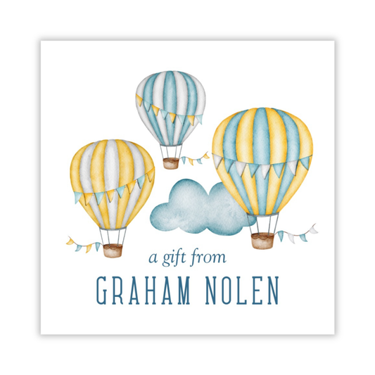 adorable personalized gift tag with watercolor hot air balloons and cloud; ShooFly Paper Co. Auburn, Alabama