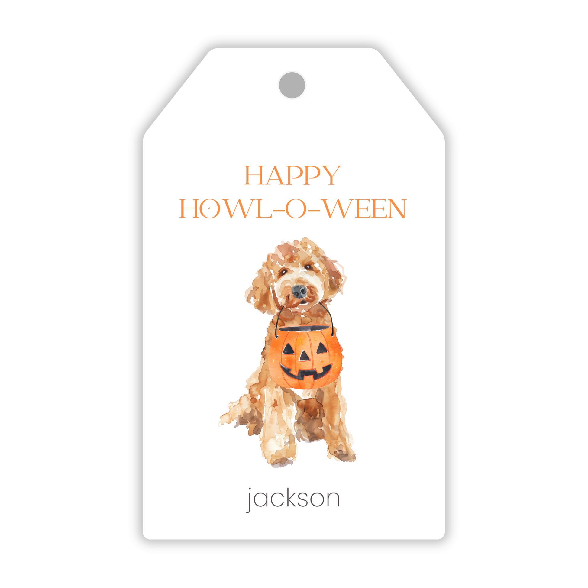 adorable gift tag with dog & trick or treat bucket; ShooFly Paper Co. Auburn, Alabama