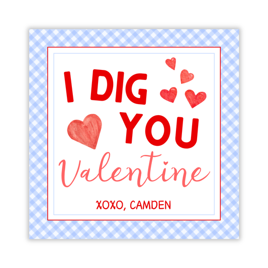 valentines gift tag with blue gingham border and hearts, I dig you valentine, valentine tag to pair with shovel, ShooFly Paper Co. Auburn, Alabama