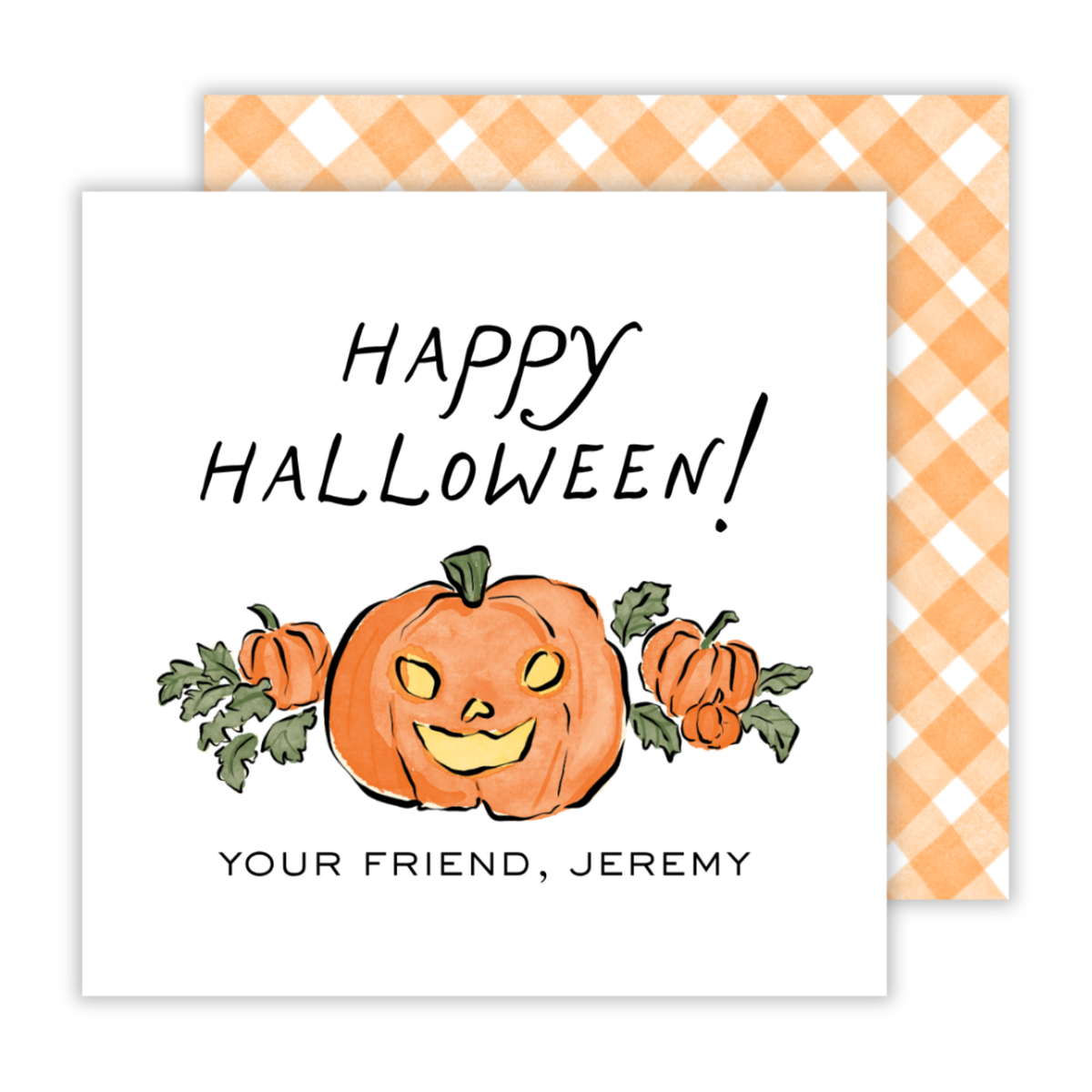 personalized Halloween gift tag with drawn jack-o-lantern pumpkin and Happy Halloween greeting, ShooFly Paper Co. Auburn, Alabama