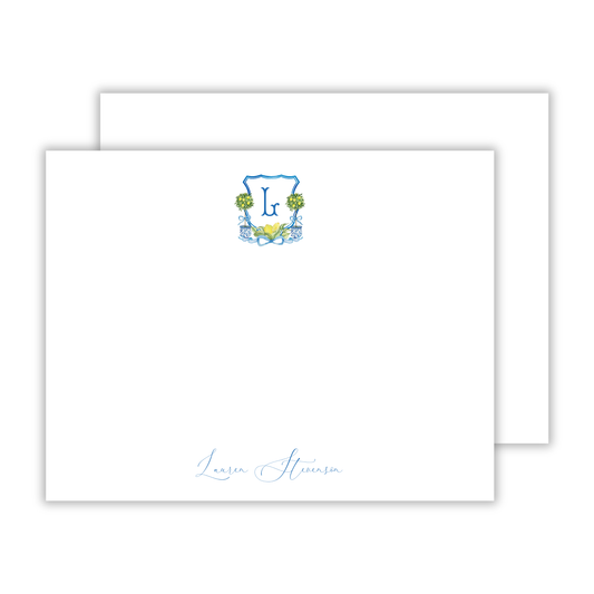 personalized notecard with lemon chinoiserie crest, fishtail font initial, and elegant script name, ShooFly Paper Co. Auburn, Alabama