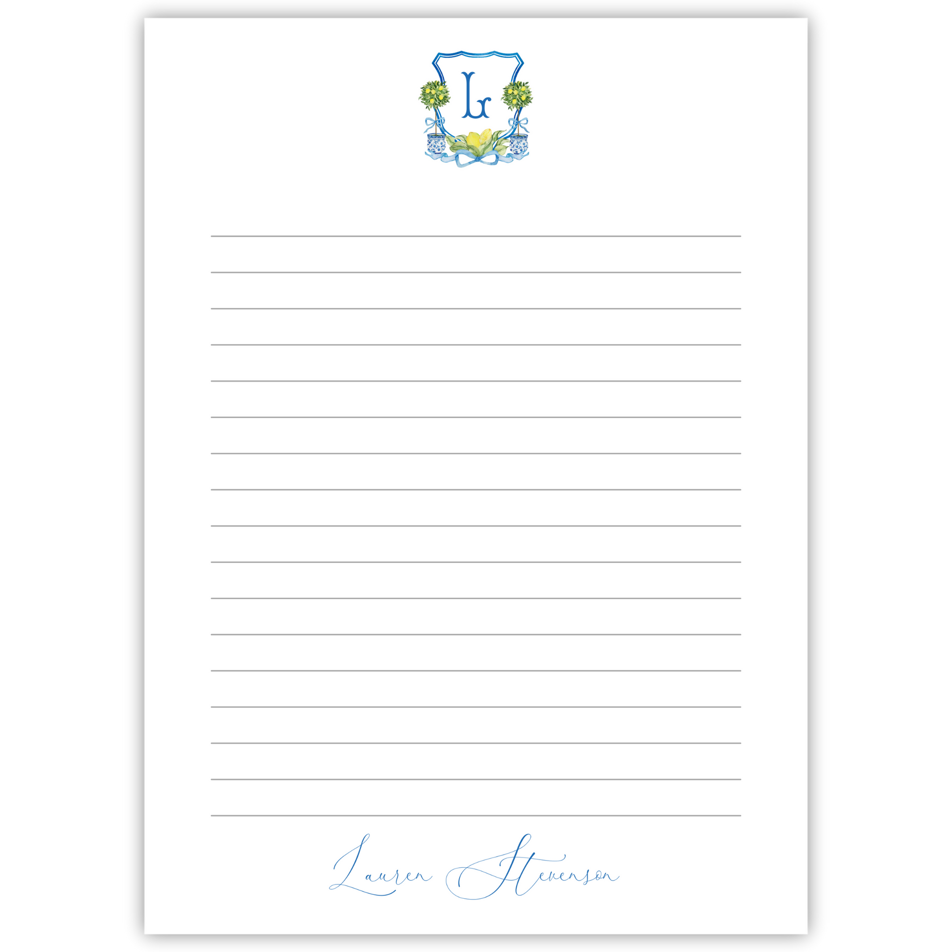 personalized notepad with lemon chinoiserie crest; ShooFly Paper Co. Auburn, Alabama