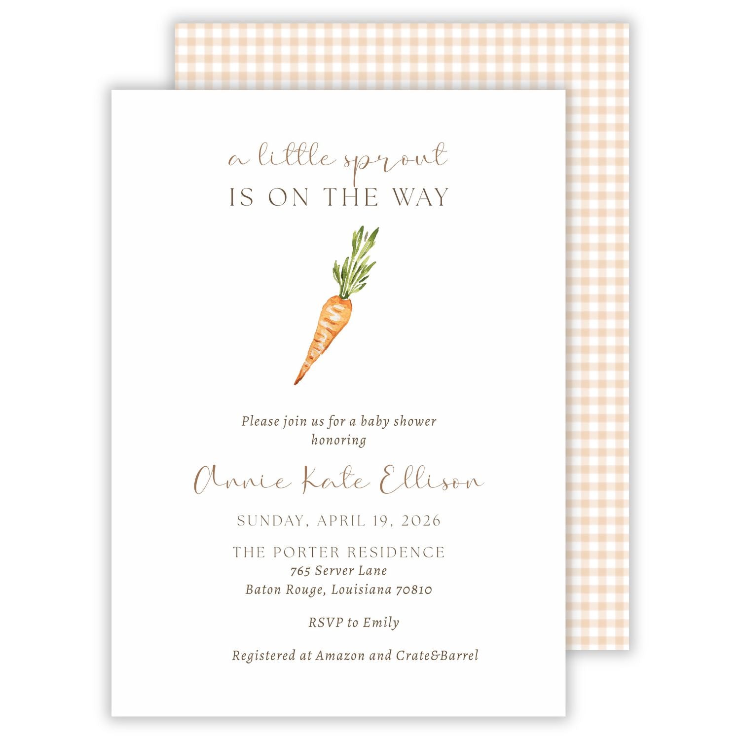 baby shower invitation with a watercolor carrot image and the theme of "a little sprout is on the way", ShooFly Paper Co. Auburn, Alabama