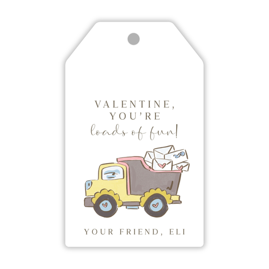 personalized valentine gift tag with drawn dump truck filled with valentine letters and blue stripe border, ShooFly Paper Co. Auburn, Alabama