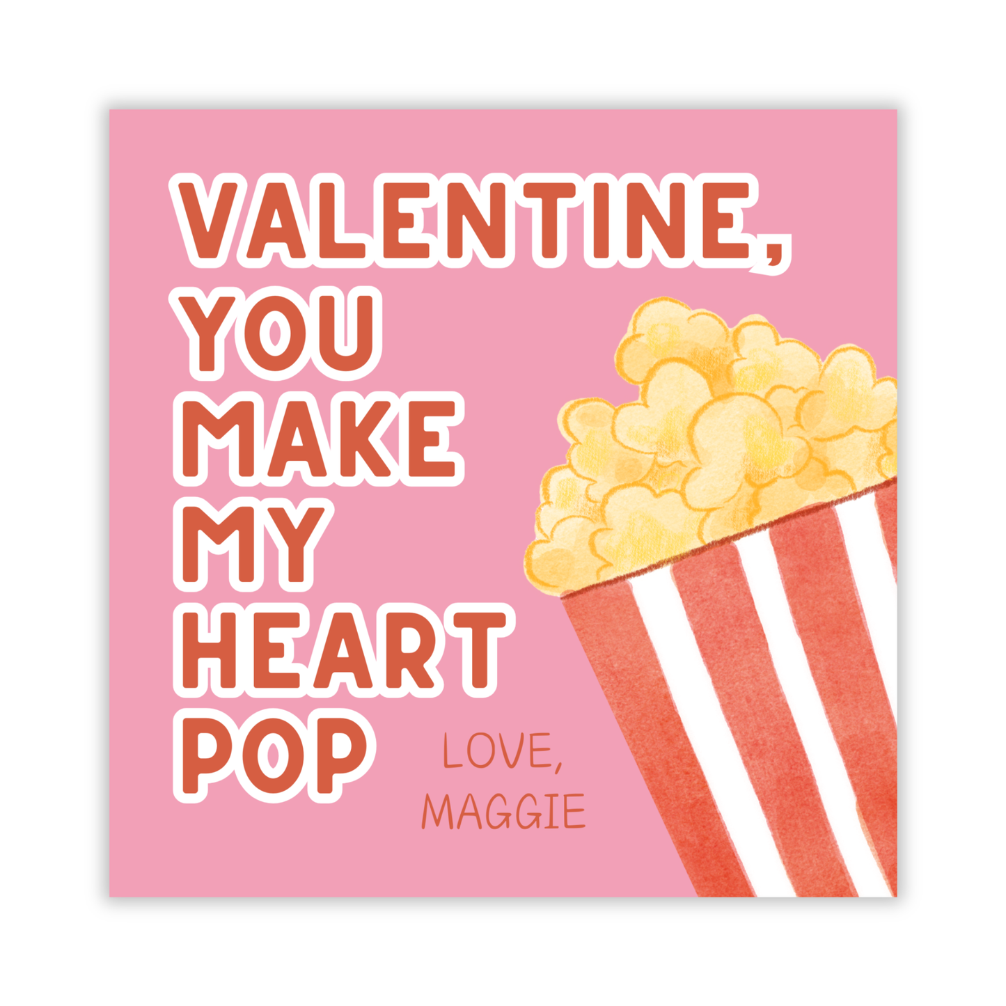 pink valentines gift tag with popcorn, make my heart pop, ShooFly Paper Co. Auburn, Alabama