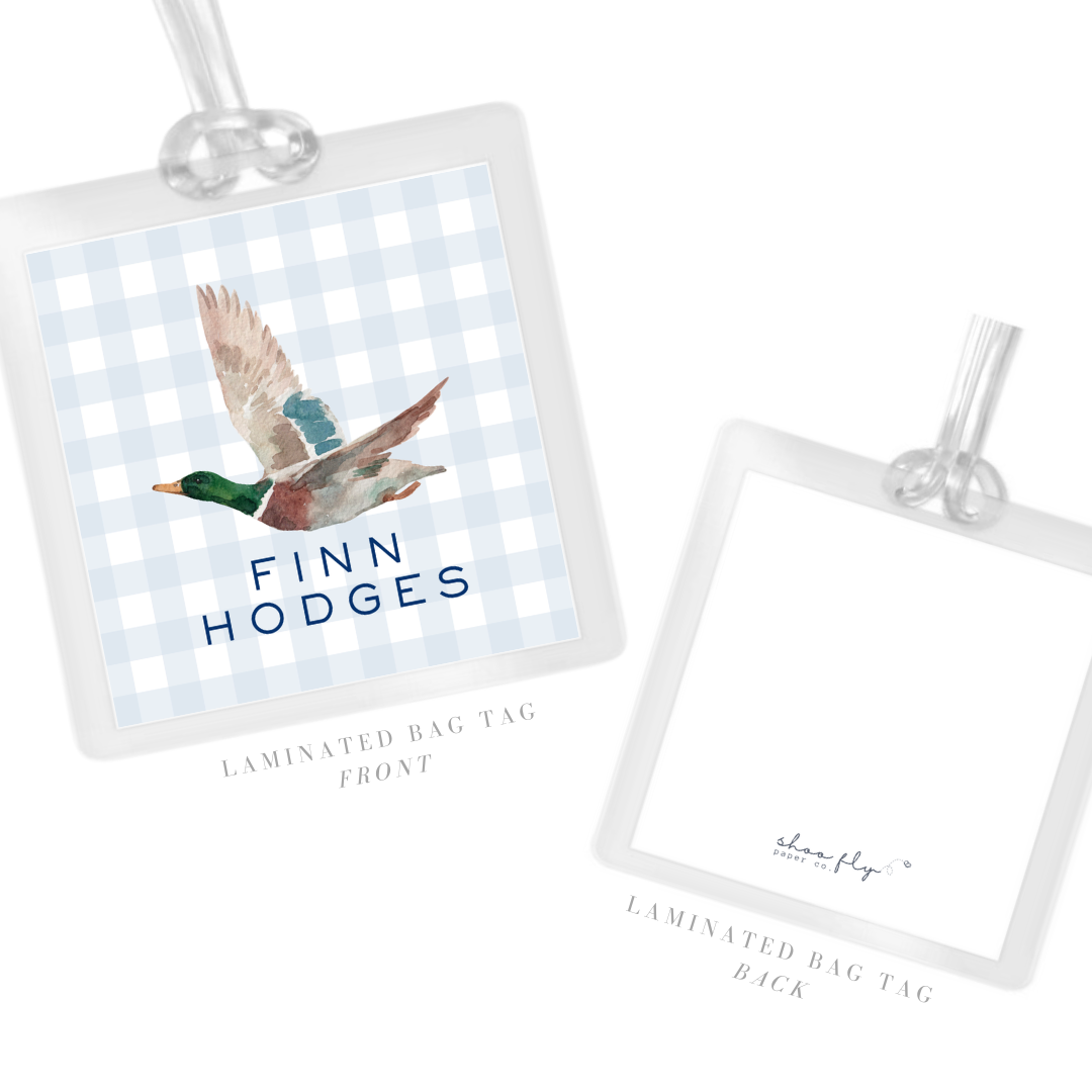 personalized laminated bag tag with light blue and white gingham background and watercolor mallard duck, ShooFly Paper Co. Auburn, Alabama