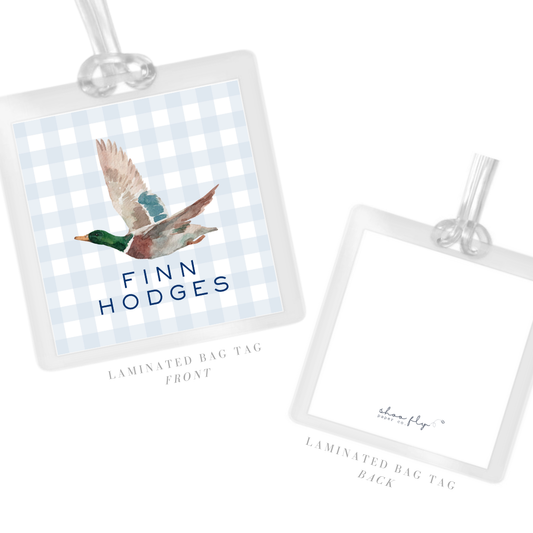 personalized laminated bag tag with light blue and white gingham background and watercolor mallard duck, ShooFly Paper Co. Auburn, Alabama