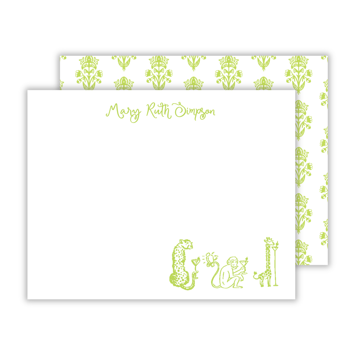 personalized notecard set with drawn animals with martinis, ShooFly Paper Co. Auburn, Alabama