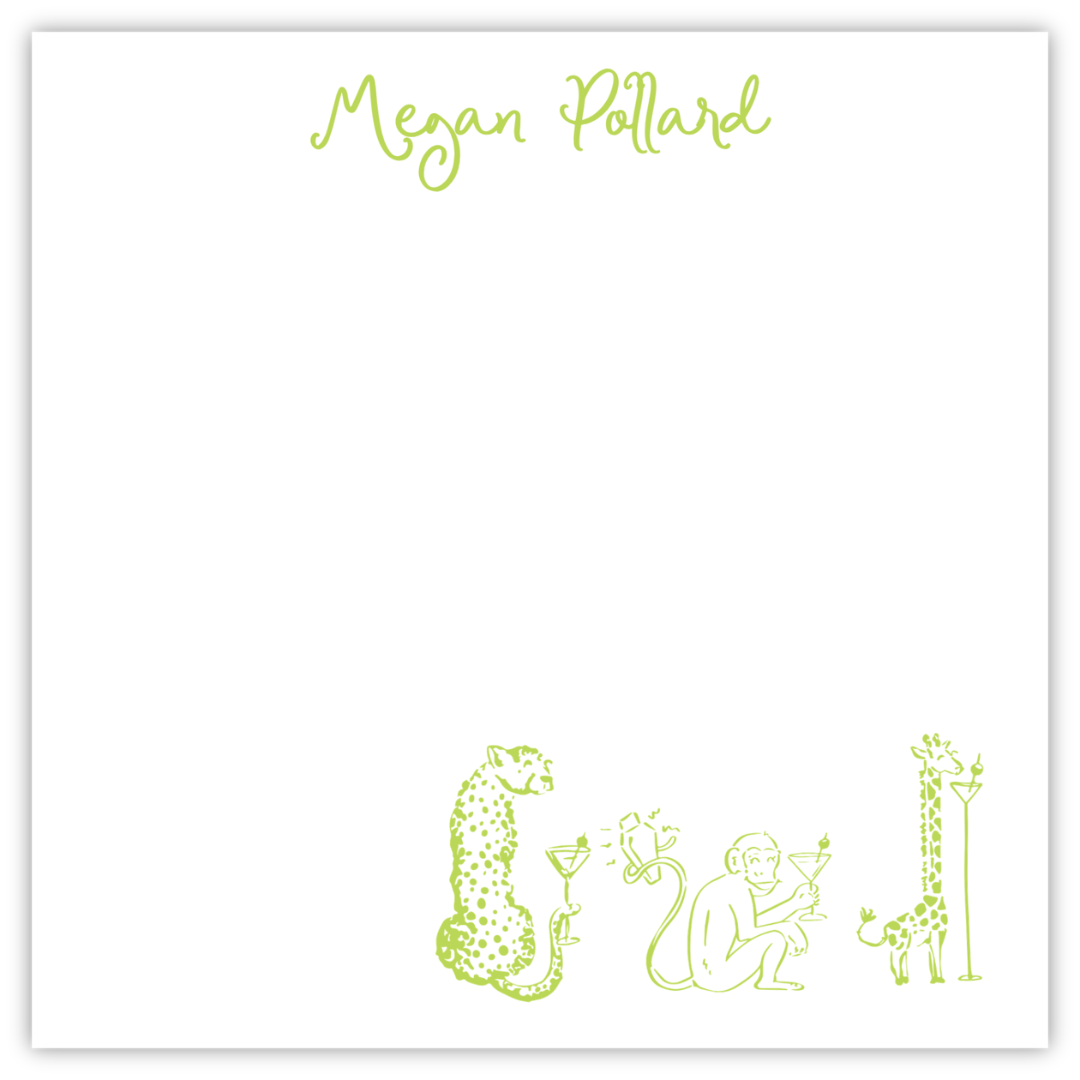 personalized notepad with drawn animals drinking martinis ShooFly Paper Co. Auburn, Alabama