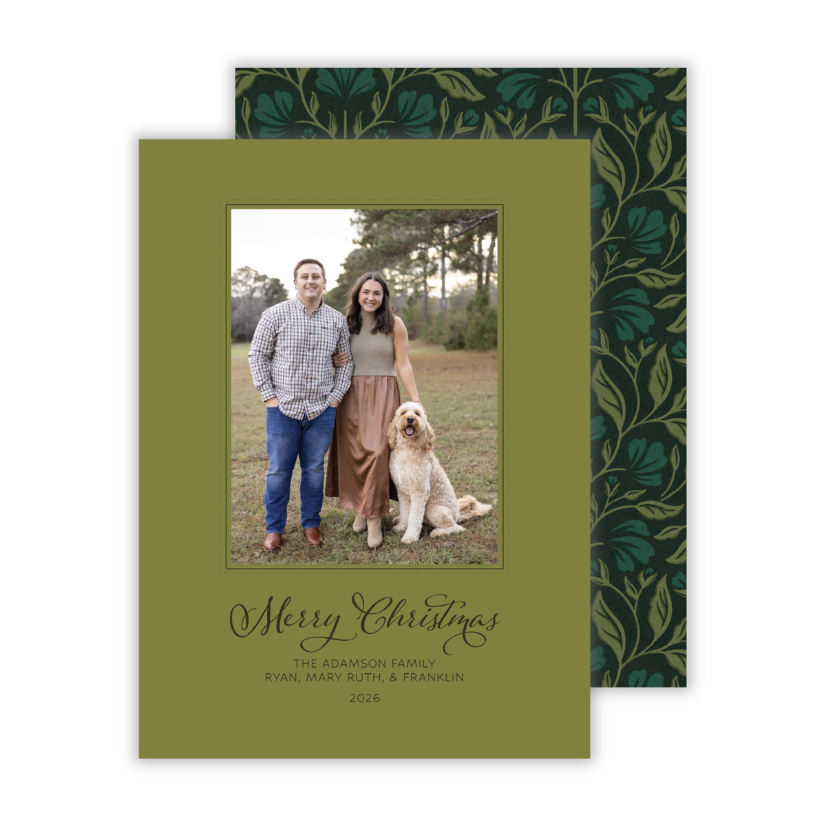 personalized Christmas card with green background and chocolate text, ShooFly Paper Co. Auburn, Alabama