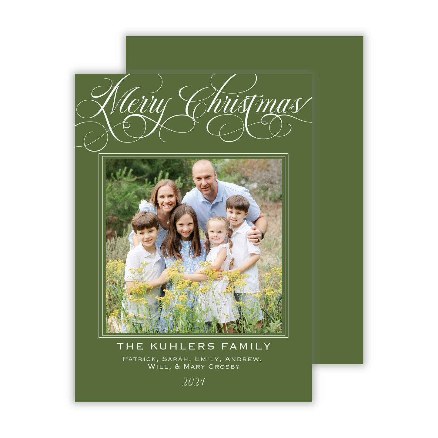 photo christmas card with merry christmas script and green background, ShooFly Paper Co. Auburn, Alabama