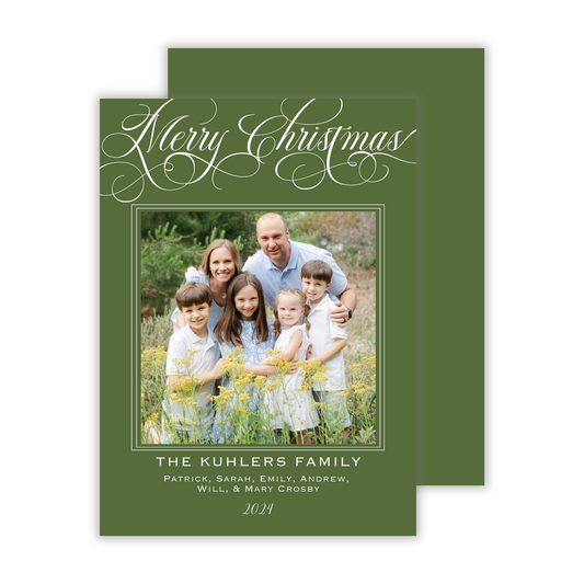 photo christmas card with merry christmas script and green background, ShooFly Paper Co. Auburn, Alabama