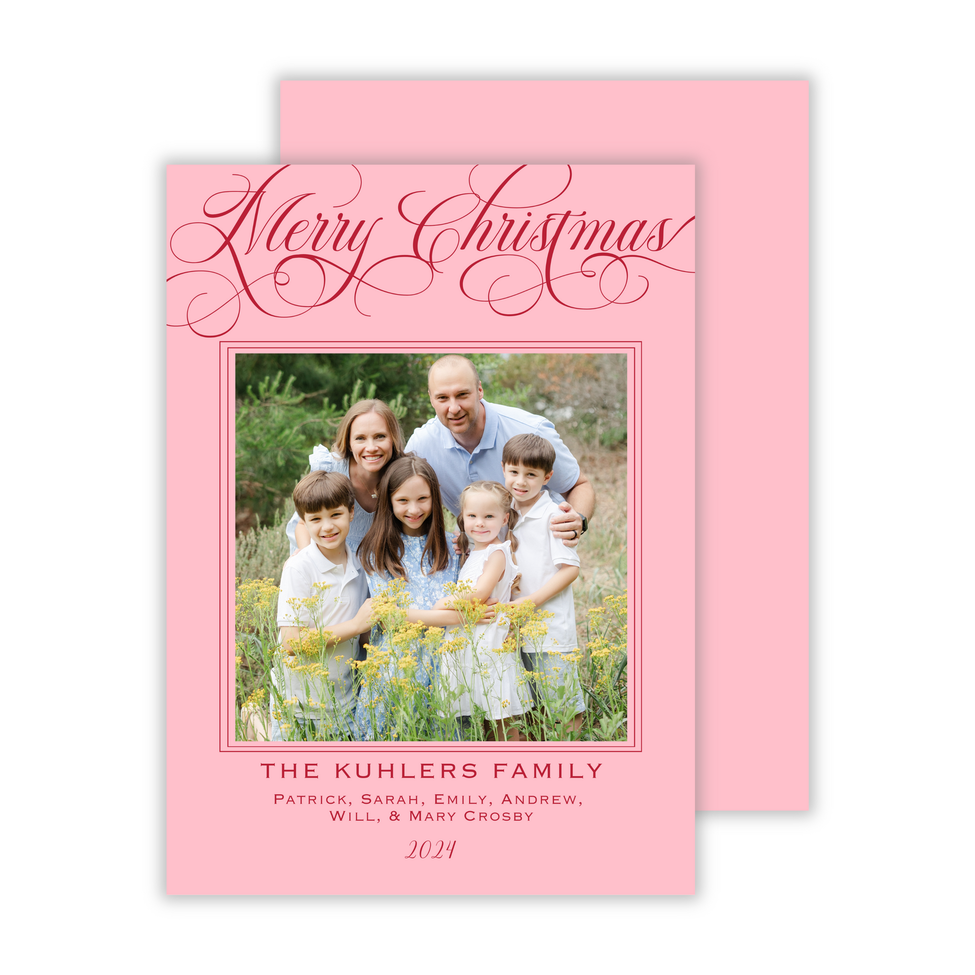 photo christmas card with merry christmas script and pink background, ShooFly Paper Co. Auburn, Alabama