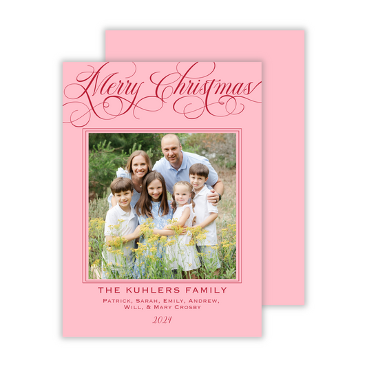 photo christmas card with merry christmas script and pink background, ShooFly Paper Co. Auburn, Alabama