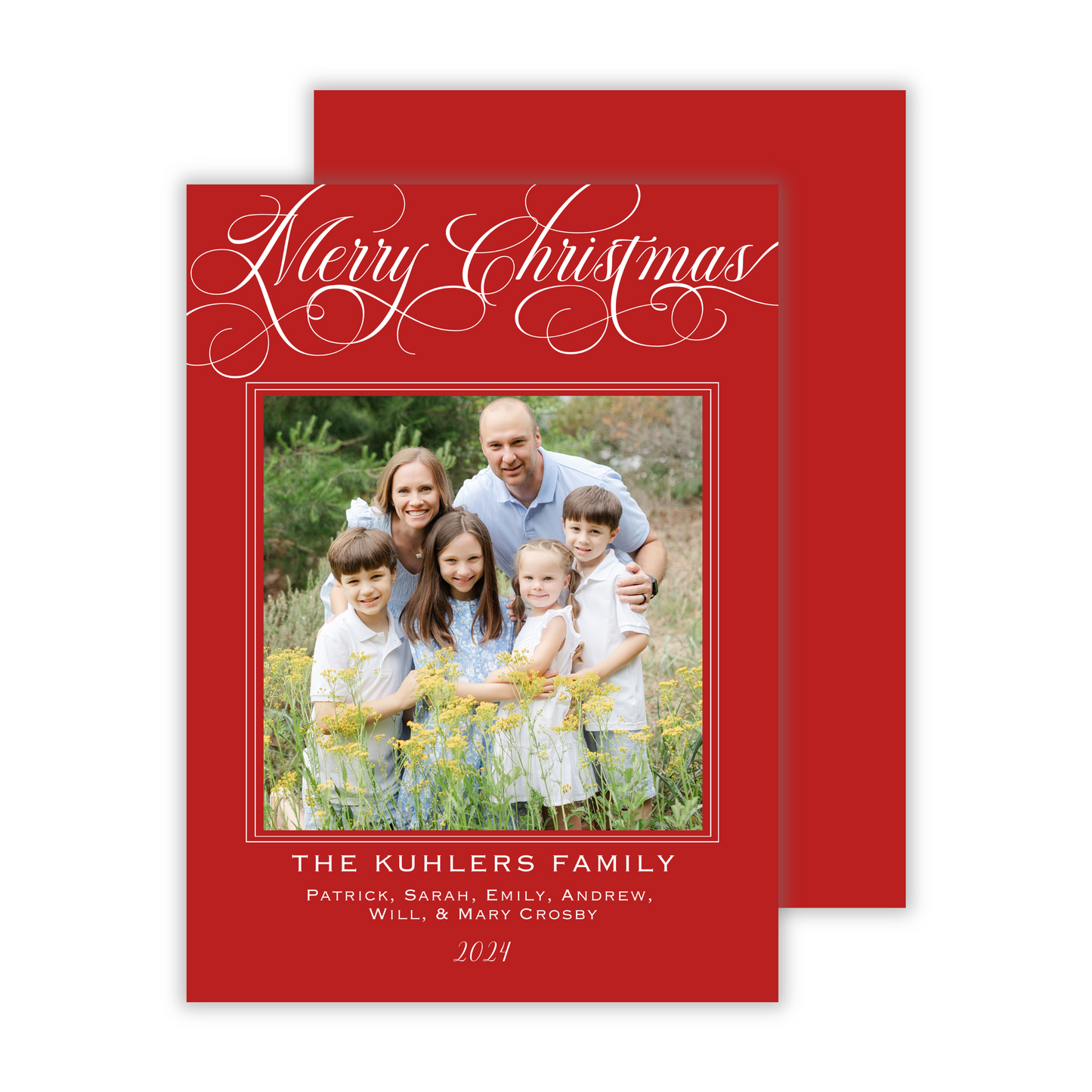 photo christmas card with merry christmas script and red background, ShooFly Paper Co. Auburn, Alabama