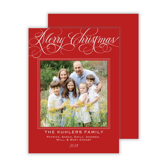 photo christmas card with merry christmas script and red background, ShooFly Paper Co. Auburn, Alabama