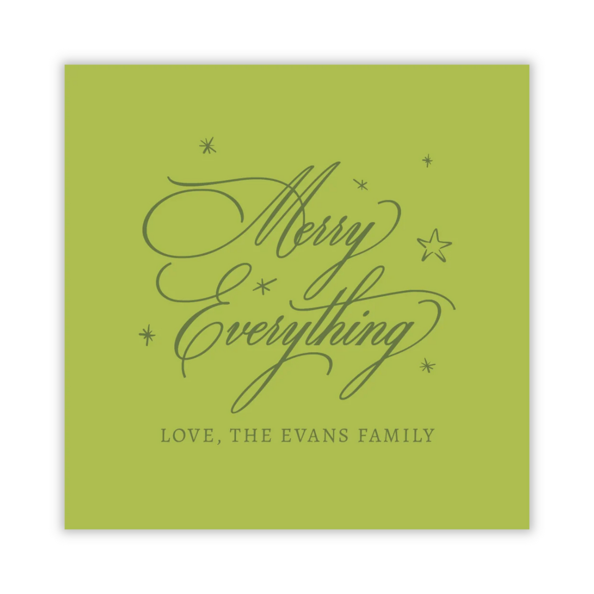 personalized Christmas gift tag with green on green merry everything greeting, ShooFly Paper Co. Auburn, Alabama