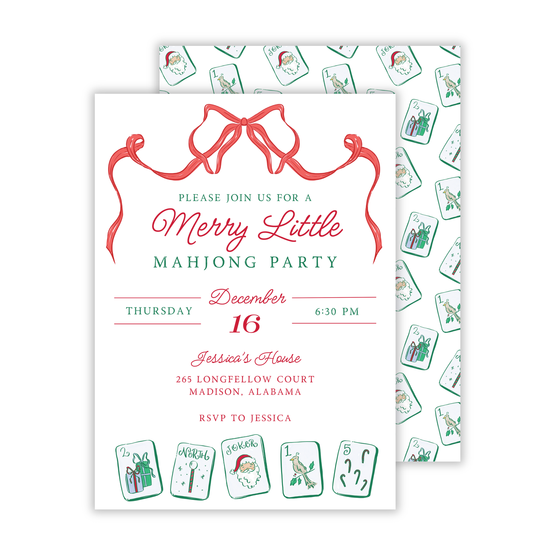 invitation for mahjong christmas party, merry little mahjong, ShooFly Paper Co. Auburn, Alabama