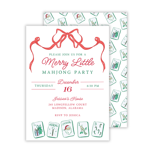 invitation for mahjong christmas party, merry little mahjong, ShooFly Paper Co. Auburn, Alabama