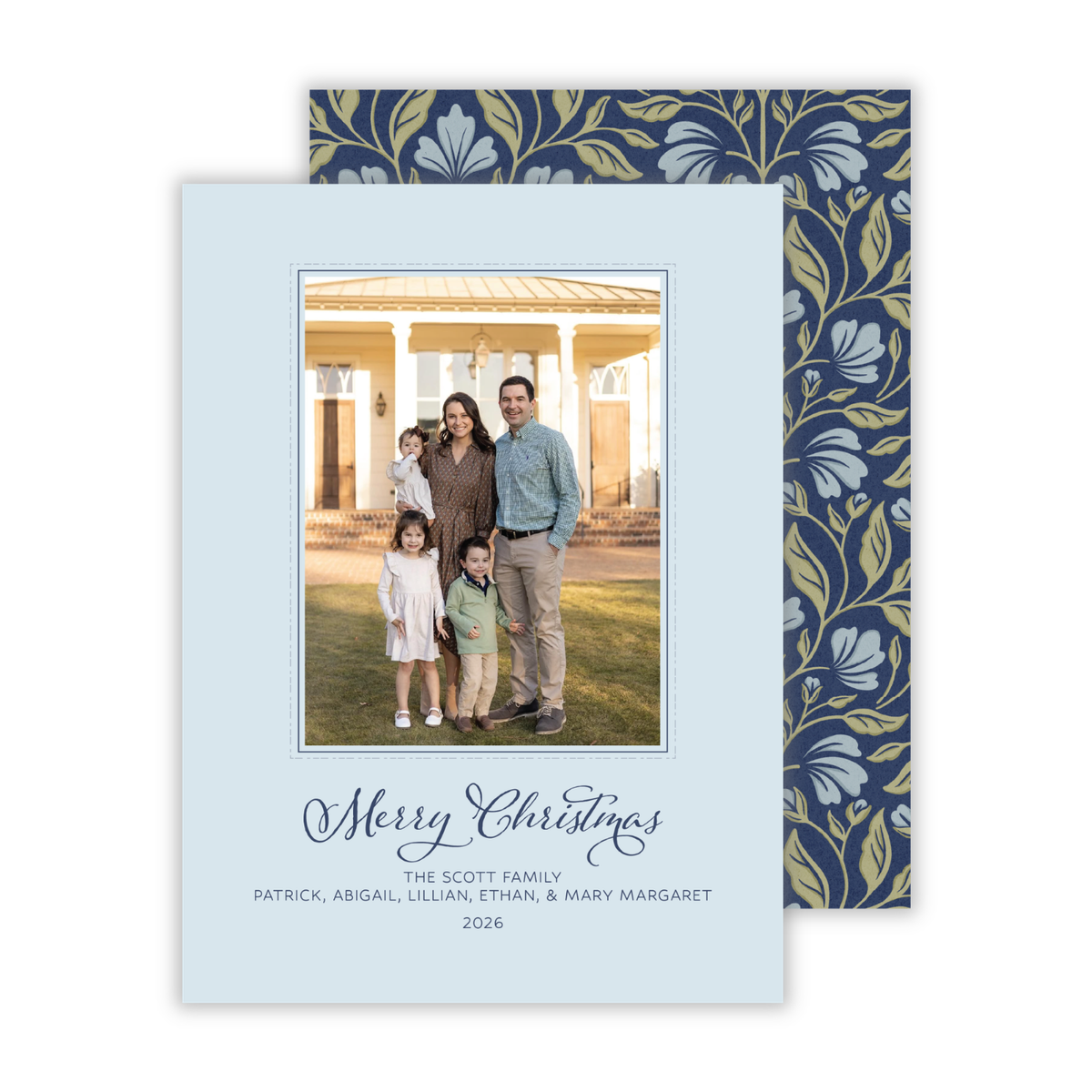 personalized Christmas card with light blue background and navy text, ShooFly Paper Co. Auburn, Alabama
