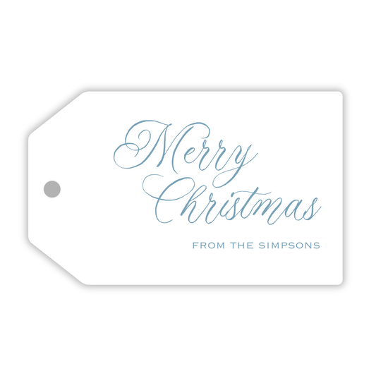 personalized gift tag with script Merry Christmas and name in cornflower blue font, ShooFly Paper Co. Auburn, Alabama