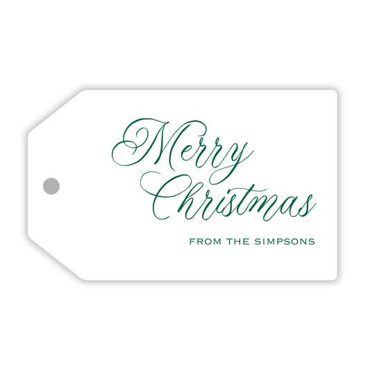 personalized gift tag with script Merry Christmas and name in green font, ShooFly Paper Co. Auburn, Alabama