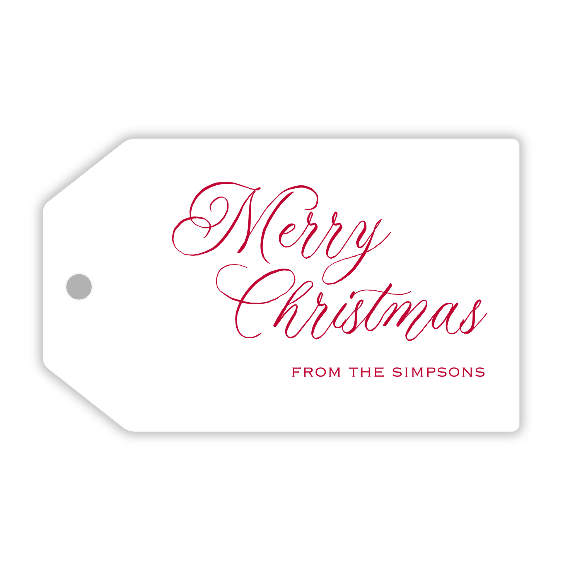 personalized gift tag with script Merry Christmas and name in red font, ShooFly Paper Co. Auburn, Alabama