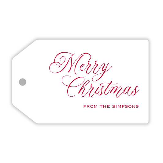 personalized gift tag with script Merry Christmas and name in red font, ShooFly Paper Co. Auburn, Alabama