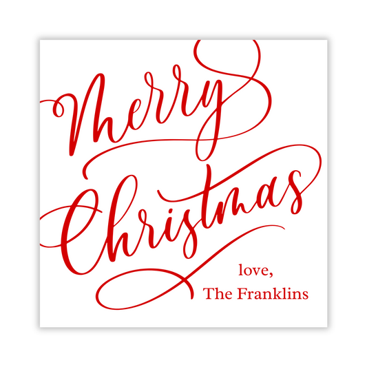 personalized christmas gift tag with merry christmas in flourish script, ShooFly Paper Co. Auburn, Alabama
