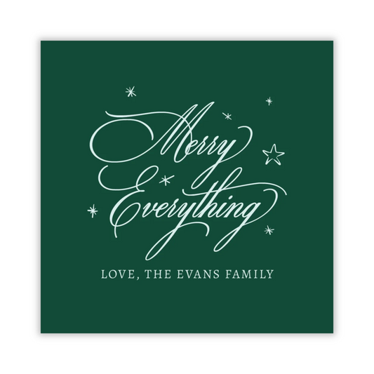 personalized green Christmas gift tag with merry everything greeting, ShooFly Paper Co. Auburn, Alabama